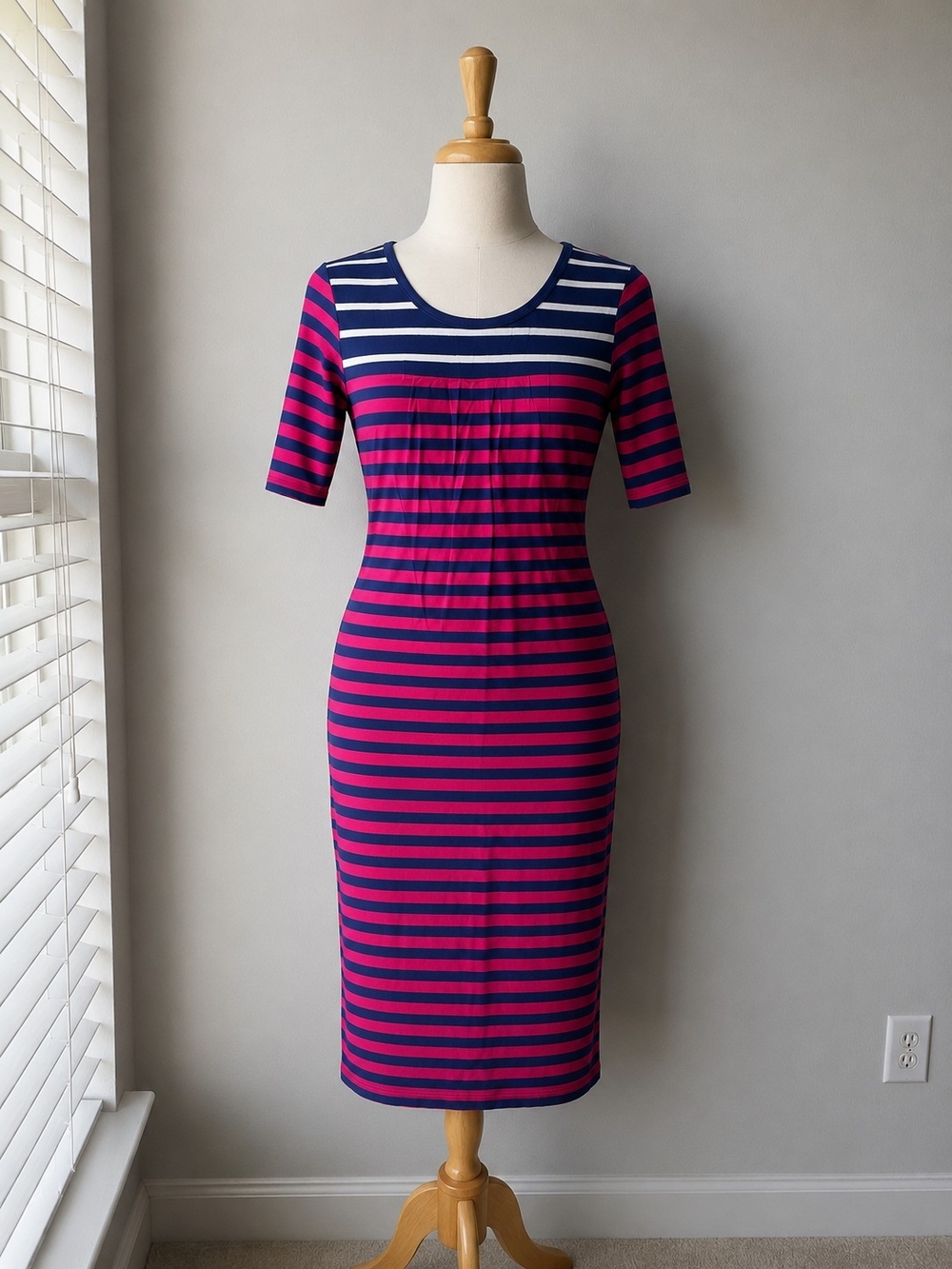 Fuchsia and Navy Striped Midi Sheath Dress